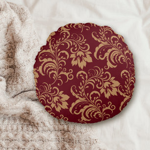 Maroon Gold Floral Swirl Rundes Kissen
