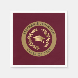 Maroon Gold Grad Cap Class of 20XX Party Serviette