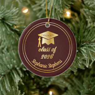 Maroon Gold Graduate Cap Abschluss 2024 Foto Keramik Ornament