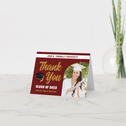 Maroon Gold Graduate Foto Chic Abschluss geklappt Dankeskarte (Vorderseite)