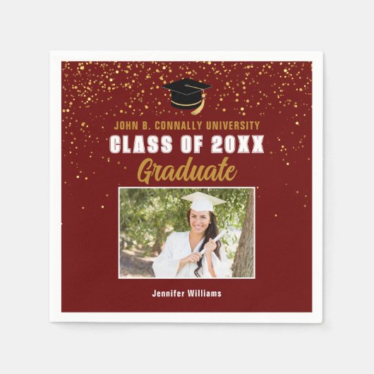 Maroon Gold Graduate Foto Chic Graduation Party Serviette (Vorderseite)