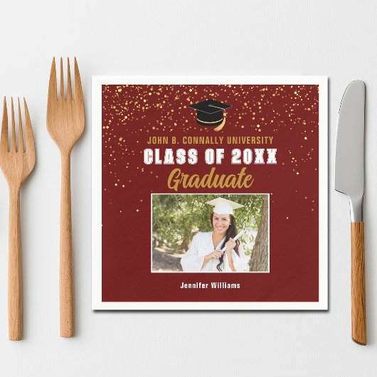 Maroon Gold Graduate Foto Chic Graduation Party Serviette
