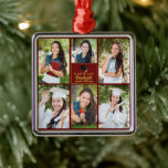 Maroon Gold Graduate Foto Collage Abschluss Ornament Aus Metall<br><div class="desc">Dieses moderne Foto-Collage aus dem Mittelalter bietet Ihnen die beliebtesten 6 Studentenfotos. Dieses Abschluss-Sake-Geschenk enthält klassische Goldtypografie Ihres High School- oder Uni-Namens für die Klasse von 2025. Passen Sie dieses quadratische Ornament mit Ihrem geschlossen Jahr unter der schwarzen Graduierkappe an.</div>