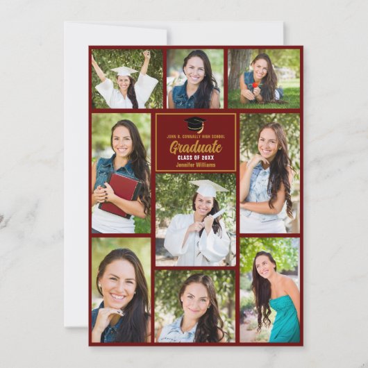 Maroon Gold Graduate Foto Collage Chic Abschluss Ankündigung (Vorderseite)