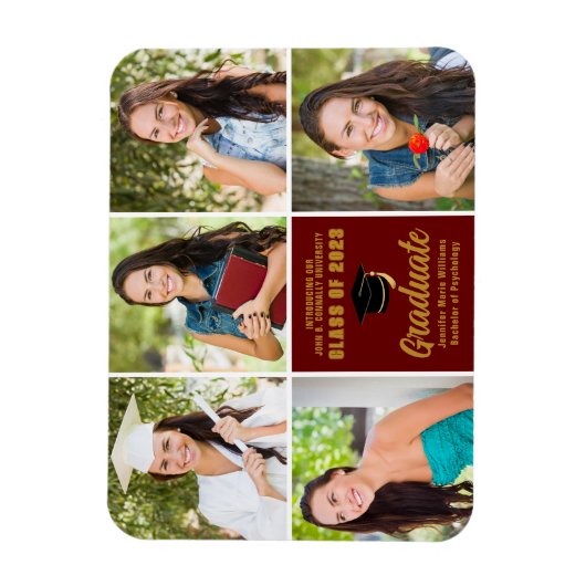 Maroon Gold Graduate Foto Collage Chic Abschluss Magnet (Vertikal)