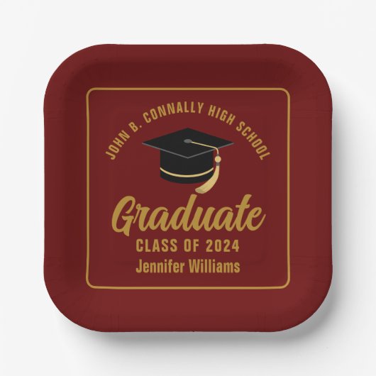Maroon Gold Graduate Graduate Party Pappteller (Vorderseite)