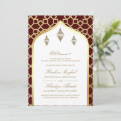 Maroon Gold Hanging Lanterns Muslim Wedding Einladung (Stehend Vorderseite)