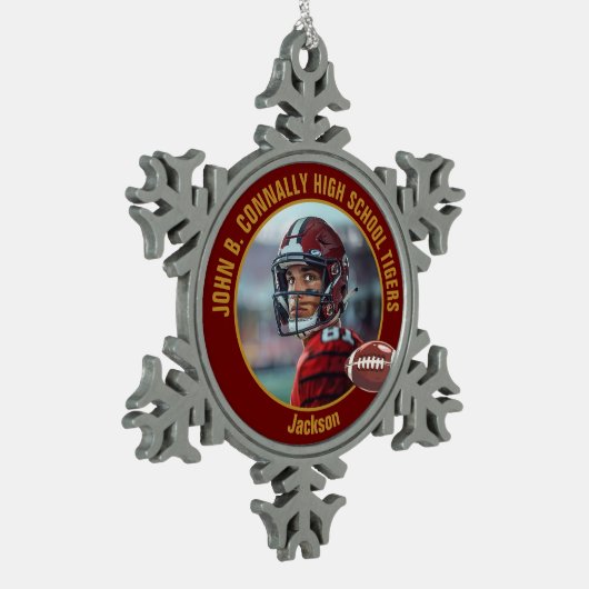 Maroon Gold High School Football Player Photo Schneeflocken Zinn-Ornament (Links)