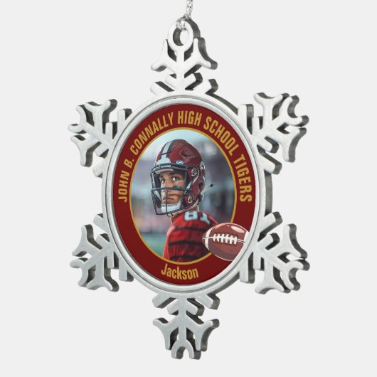Maroon Gold High School Football Player Photo Schneeflocken Zinn-Ornament (Rechts)
