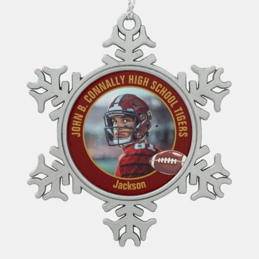 Maroon Gold High School Football Player Photo Schneeflocken Zinn-Ornament (Vorderseite)