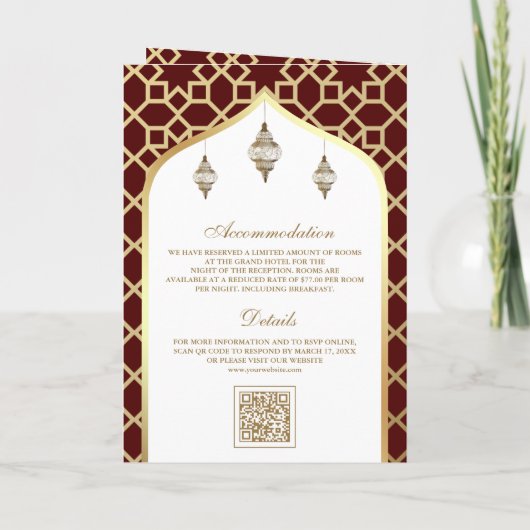Maroon Gold Islamisches Muster QR Code Muslime Hoc Einladung (Rückseite)