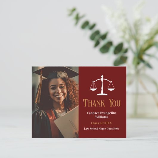 Maroon Gold Law School Abschluss Foto Vielen Dank Postkarte (Stehend Vorderseite)