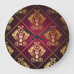 Maroon Gold Ornament Vintage Tapete Große Wanduhr