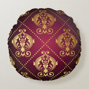 Maroon Gold Ornament Vintage Tapete Rundes Kissen