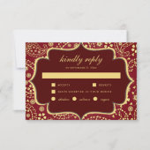 Maroon Gold Paisley Bollywood Style Indian Wedding RSVP Karte (Vorderseite)