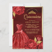 Maroon Gold Quinceanera, glänzende Gown-Rote Rosen Einladung (Vorderseite)