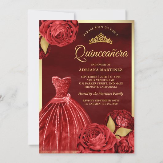 Maroon Gold Quinceanera, glänzende Gown-Rote Rosen Einladung (Vorderseite)