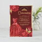 Maroon Gold Quinceanera, glänzende Gown-Rote Rosen Einladung (Stehend Vorderseite)