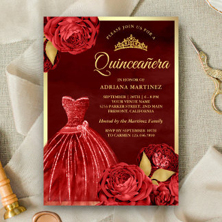Maroon Gold Quinceanera, glänzende Gown-Rote Rosen Einladung