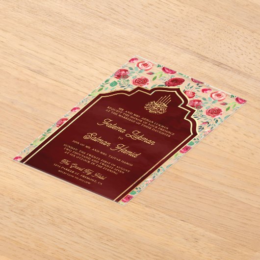 Maroon Gold Rote Rosen Blumenmuskelhochzeit Acryleinladungen (Ablage )