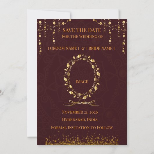 Maroon Gold Save-the-Date-Karte Einladung (Vorderseite)