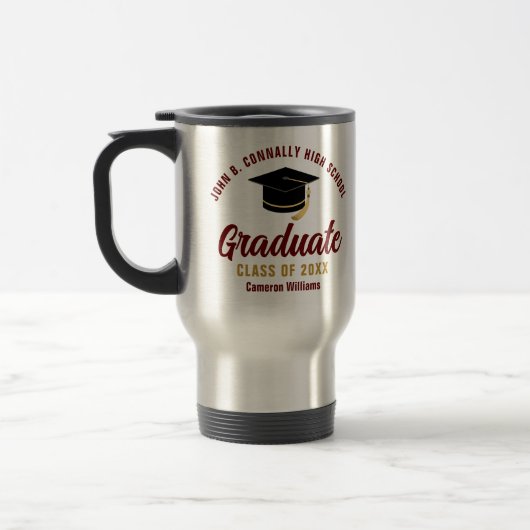 Maroon Gold Script Graduate Custom 2025 Abschluss Reisebecher (Links)