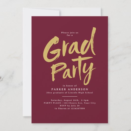 Maroon Gold Simple Modern Brush Script Grad Party Einladung (Vorderseite)