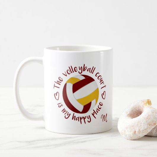 Maroon Gold-Team färbt Volleyball-Happy Place Kaffeetasse (Mit Donut)