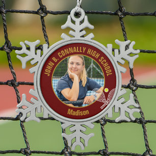 Maroon Gold Tennisspieler Foto High School Schneeflocken Zinn-Ornament
