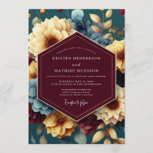 Maroon & Gold üppige florale Hochzeit Einladung