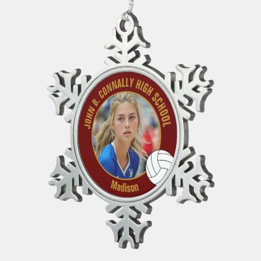 Maroon Gold Volleyball Player Photo High School Schneeflocken Zinn-Ornament (Rechts)