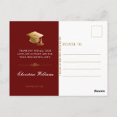 Maroon Gold White Script Graduation Thank You Postkarte (Rückseite)