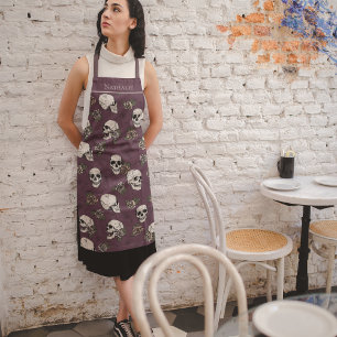 Maroon Gothic Skulls und Rose Individuelle Name Schürze