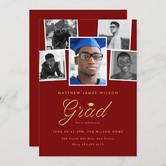 Maroon Grad Foto Collage Graduation Party Ankündigung (Vorne/Hinten)