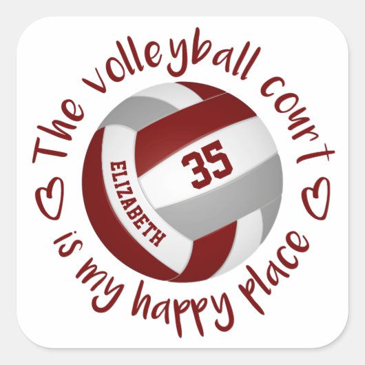 Maroon graue Volleyball Happy Place Typografie Quadratischer Aufkleber (Vorderseite)