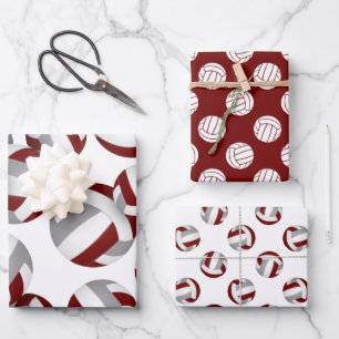 Maroon graue Volleyballs Set von 3 koordinierenden Geschenkpapier Set