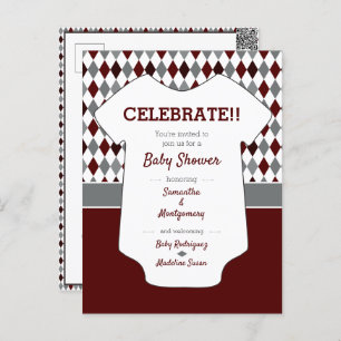 Maroon & Gray Blue Raute Pattern Baby Dusche Postkarte