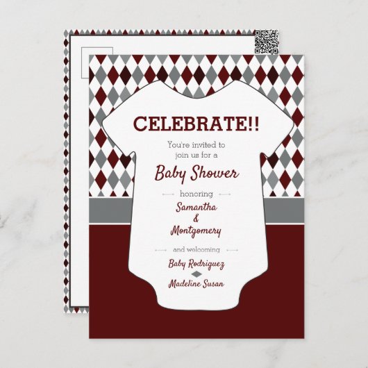 Maroon & Gray Blue Raute Pattern Baby Dusche Postkarte (Vorne/Hinten)