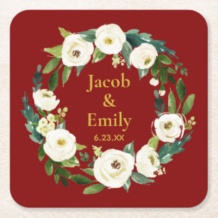 Maroon Greenery Personalisierte Namen Datum Hochze Rechteckiger Pappuntersetzer