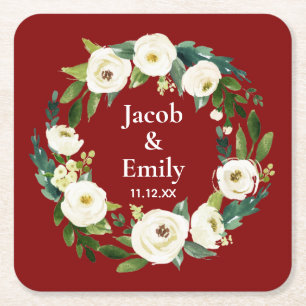 Maroon Greenery Personalisierte Namen Datum Hochze Rechteckiger Pappuntersetzer