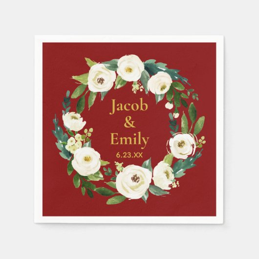 Maroon Greenery Personalisierte Namen Datum Hochze Serviette (Vorderseite)