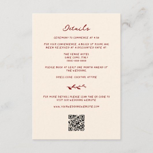 Maroon Hand Drawn Wedding Details Begleitkarte (Vorderseite)