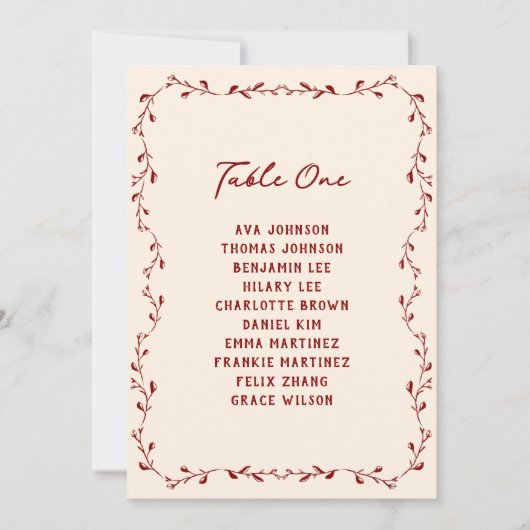 Maroon Hand Drawn Wedding Seating Chart Card Karte (Vorderseite)
