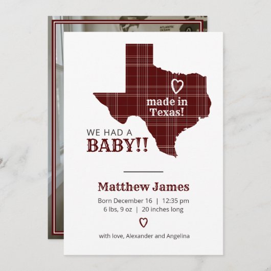 Maroon Kariert Made in Texas Vertikal Foto Ankündigung (Vorne/Hinten)