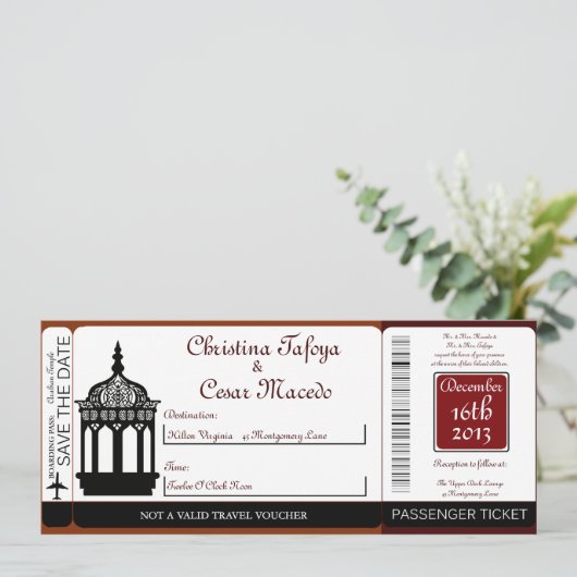 Maroon Lantern Boarding Pass Hochzeit Einladung (Stehend Vorderseite)