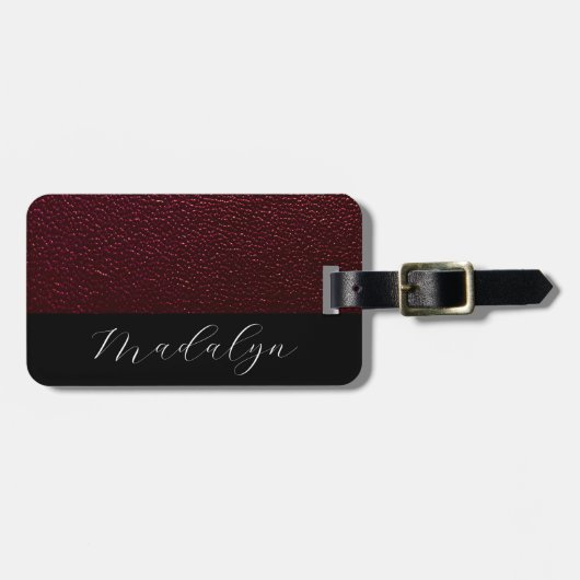 Maroon Leather Texture Script Calligrafy Name Gepäckanhänger (Vorderseite horizontal)
