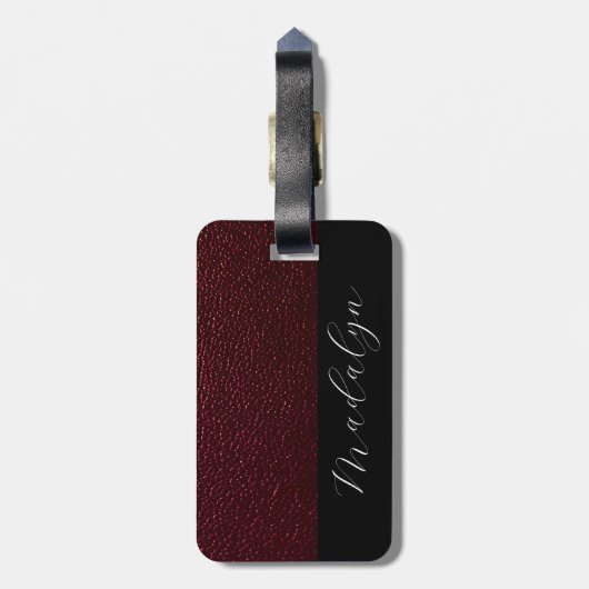 Maroon Leather Texture Script Calligrafy Name Gepäckanhänger (Rückseite vertikal)