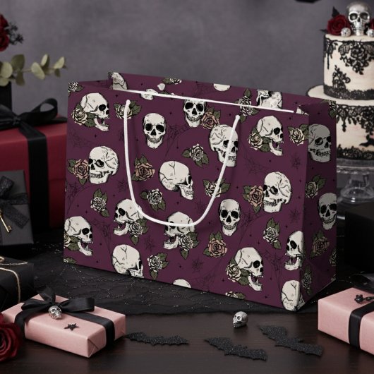 Maroon Lila Gothic Skulls und Rose Halloween Große Geschenktüte