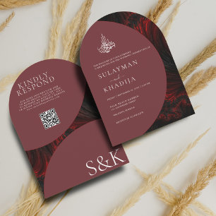Maroon Minimal Elegante Muslim QR Code Arch Weddin Einladung