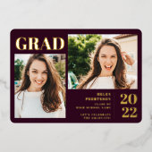 Maroon minimalistisch moderne 3 Foto Abschluss Folieneinladung (Vorderseite)